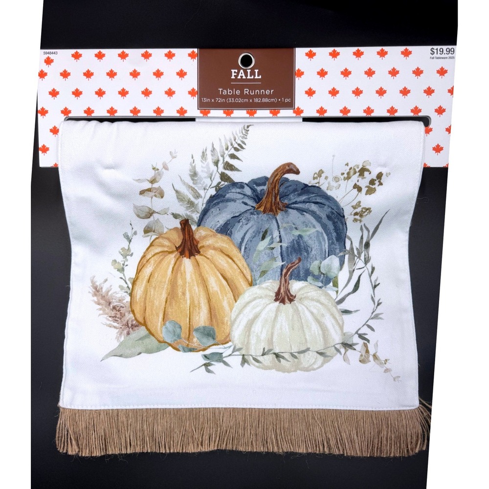 Hobby Lobby Fall Table Runner 13x72 Blue Orange White Pumpkin Watercolor Fringed